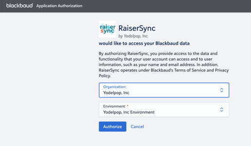 screenshot of Blackbaud authorization in RaiserSync